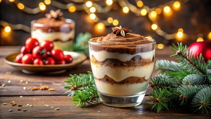 Delicious tiramisu dessert served in a festive cup for Christmas celebration, tiramisu, dessert, cup, Christmas, delicious