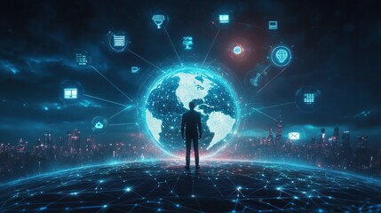 Wall Mural - Silhouette of a Person Standing in Front of a Digital Globe with Icons