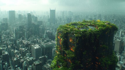 Futuristic cityscape with a lush, green rooftop amidst rain.