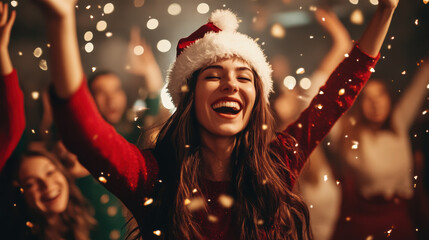 Joyful celebration during festive holiday party with woman wearing Santa hat, surrounded by friends. atmosphere is filled with sparkling lights and cheerful expressions