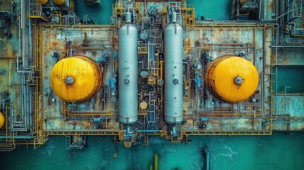 Wall Mural - Aerial view of an industrial complex with large cylindrical tanks and yellow domes.