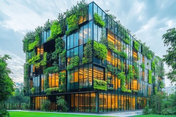 Poster - Modern glass and steel building with green vertical garden on the facade, evening light.