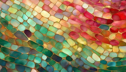 Wall Mural - A vibrant mosaic artwork featuring flowing colorful tiles in green, red, and gold tones. Perfect for interior design, artistic backgrounds, and creative projects.
