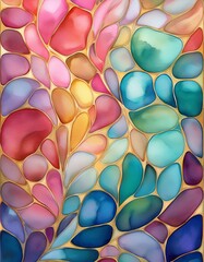 Wall Mural - Vibrant abstract mosaic with flowing multicolored shapes in warm and cool tones. Ideal for creative design projects, home decor, digital backgrounds, or modern artwork