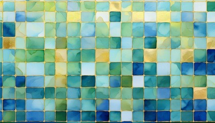 Sticker - Abstract mosaic of blue, green, and yellow tones, resembling water reflections. Perfect for design backgrounds, artistic creations, home decor, and digital art.