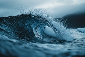 A powerful wave breaking in the ocean with a misty background