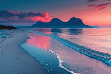 Wall Mural - Pink Sunset Reflecting on Calm Sea with Mountain Range in Background