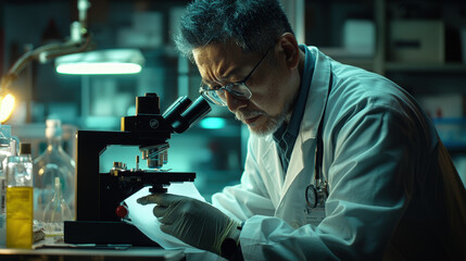 dedicated male doctor in lab coat examines samples under microscope in gleaming laboratory, showcasing his commitment to scientific research and discovery