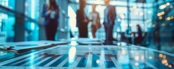 Blurred image of business people walking in an office building.