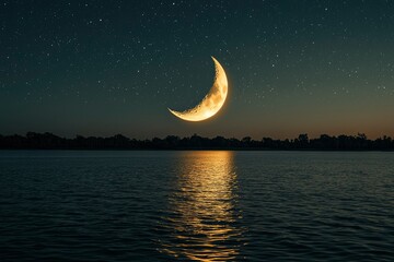 Wall Mural - Crescent Moon Over a Dark Water Surface with a Starry Night Sky