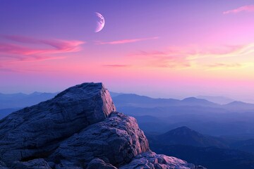 Wall Mural - A crescent moon shines over a rocky mountain peak at dusk