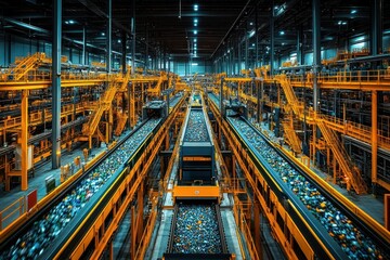 Poster - A vast industrial factory space with multiple conveyor belts carrying recycled materials.