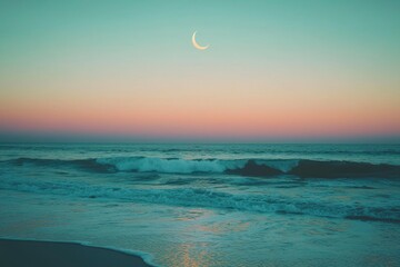 Wall Mural - Crescent Moon over a Tranquil Ocean at Sunset