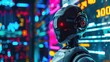 © Mas - Futuristic robot with red eyes in front of a computer screen of blurry colorful lights and numbers