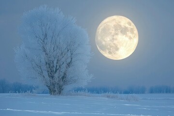 Wall Mural - Frosty Tree Silhouette Against a Full Moon and Snowy Landscape