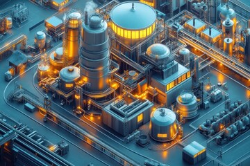 Poster - An isometric view of a glowing industrial complex with pipes and tanks.