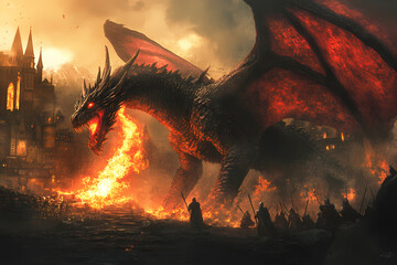 Dragon Battle with Knights in Burning Village, Gaming Wallpaper