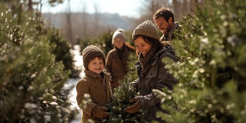 A joyful family selects a Christmas tree together, creating cherished memories in a snowy landscape.