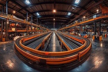 Sticker - An empty industrial warehouse with a large, yellow and black conveyor belt system running