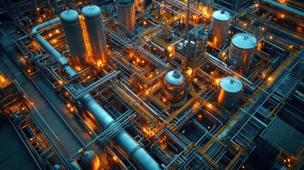 Canvas Print - An aerial view of an industrial complex at night, with illuminated pipes and tanks.