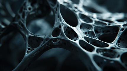 Close-up of an intricate, organic mesh structure, possibly representing cellular formations or futuristic architecture, with a soft, flowing design.