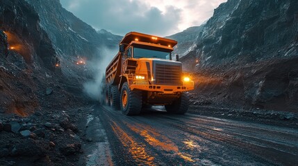 A large yellow mining truck drives down a dusty road in a quarry.