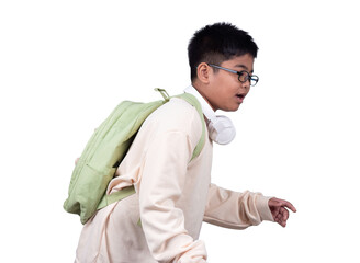 Portrait of boy in casual clothes carry a green bag and white headphones isolated on a white background, The concept of education and way of life. Cute boy posing in casual clothes with clipping part.