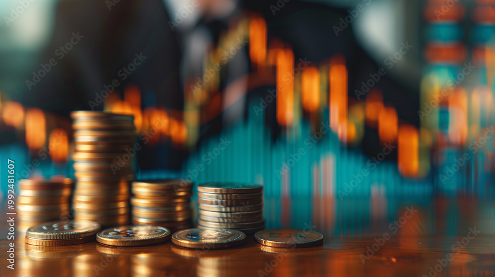 Stacks of coins in front of financial charts, illustrating investment and market trends