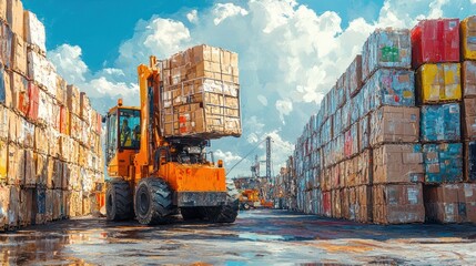 Poster - A forklift lifts a stack of cardboard boxes at a busy port, with other stacks of boxes in the background.