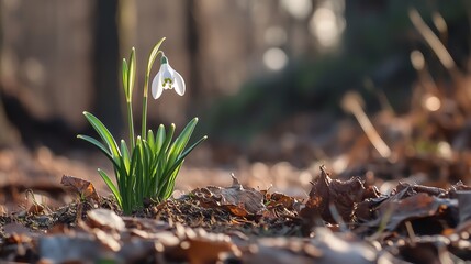 Delicate snowdrop flower emerging from the forest floor, surrounded by fallen leaves, symbolizing the arrival of spring.