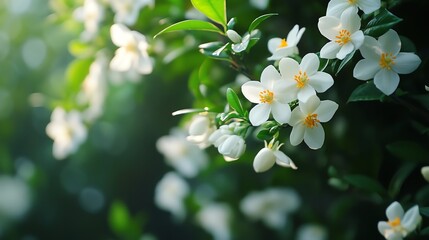 Delicate white flowers bloom amidst vibrant green leaves, creating a serene and peaceful natural scene in soft sunlight.