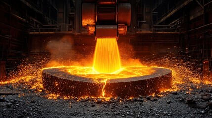 Poster - Molten metal pouring into a mold, glowing orange hot with sparks flying.