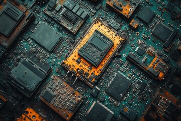 Poster - A close-up shot of a circuit board with a central processor chip surrounded by other components.