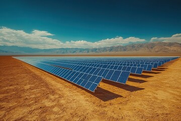 Poster - A vast field of solar panels sits under a clear blue sky with mountains in the background.