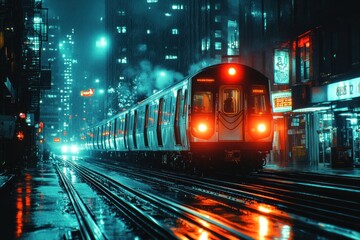 Poster - A train travels through a city at night, with rain and steam creating a moody atmosphere.