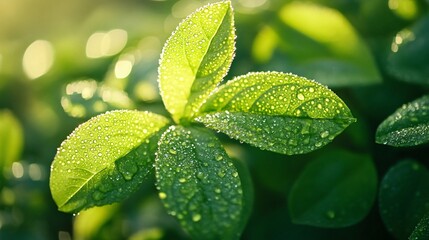 Sticker - Closeup of dew drops on green leaves with blurred background.