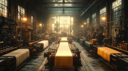 Canvas Print - A large industrial workspace with rows of vintage machinery, bathed in the soft glow of sunlight streaming through the windows.