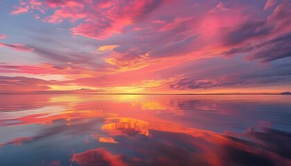 serene ocean sunset with vibrant hues of pink and orange mirrored in tranquil waters