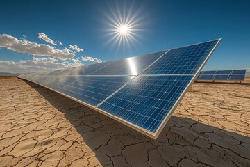 Sticker - A solar panel farm in a desert landscape, with a bright sun shining in the sky.