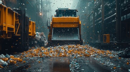 Wall Mural - A yellow loader pushes a pile of plastic bottles and other garbage in a recycling facility.