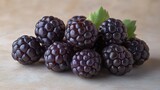 Closeup of blackberry cluster each drupelet slight natural sheen subtle imperfection captured under soft natural light emphasize deep rich blackpurple tone realistic texture of fruit Scientific name