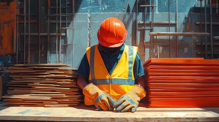 Construction worker in a hard hat and yellow vest, resting his head on his hand while sitting on a workbench with construction materials in front of him.