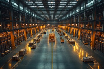 Poster - An expansive warehouse interior with high ceilings and rows of stacked boxes on shelves. Forklifts move through the aisles, highlighting the efficiency of the logistics process.