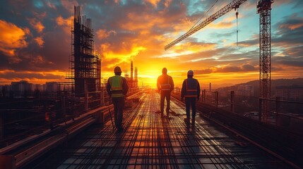 Poster - Three construction workers stand on a building rooftop at sunset, overlooking the city.