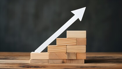 White arrow ascending atop wooden block staircase