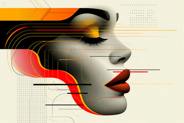 Canvas Print - A woman's face with red lips and orange hair. The image is a stylized drawing of a woman's face with a red lip