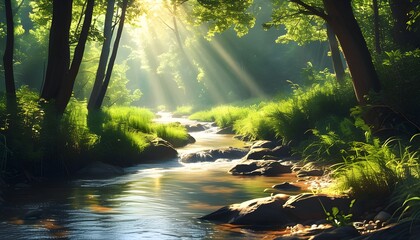 Wall Mural - Serene forest stream illuminated by sunlight, surrounded by lush greenery and enchanting tranquility