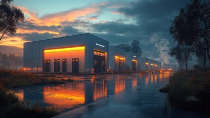 Poster - A row of modern buildings with glowing lights, reflecting in a puddle of water at dusk.