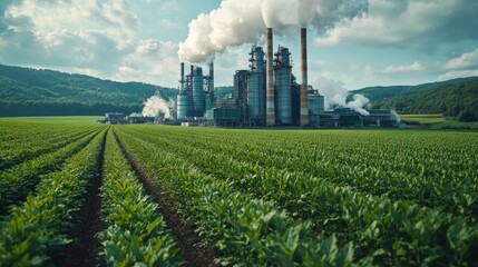 Poster - A large industrial plant with smokestacks spewing pollution into the air stands behind a field of crops.