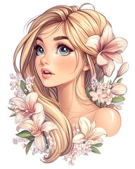 Wall Mural - A girl with long blonde hair and a flower in her hair. The flower is pink and the girl is smiling